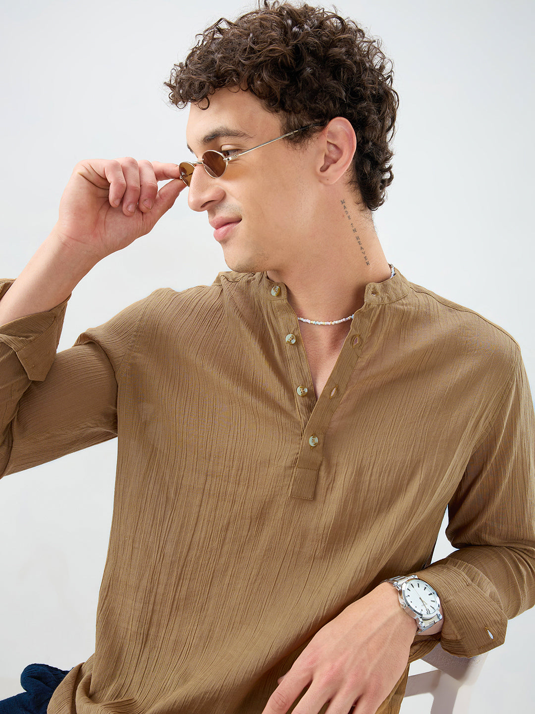 Sheer Khaki Linear Crepe Kurta