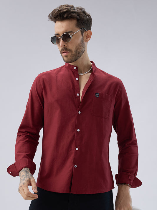 Elegant Berry Red Mandarin Collar Shirt