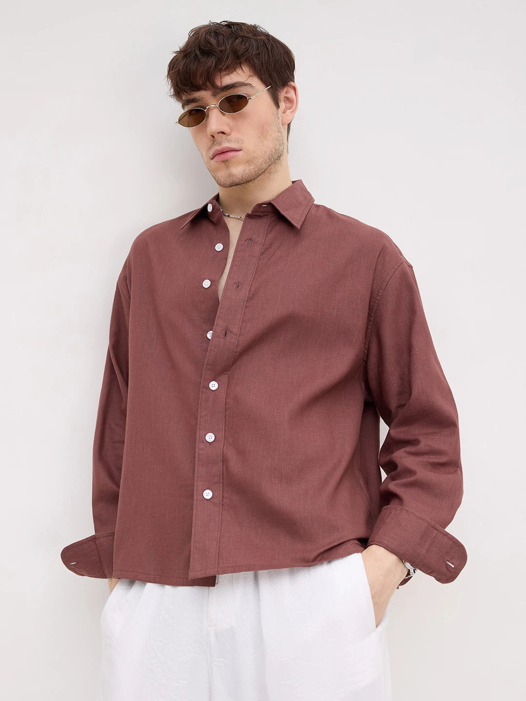 Brown Fine Textured Boxy Fit Crop Shirt