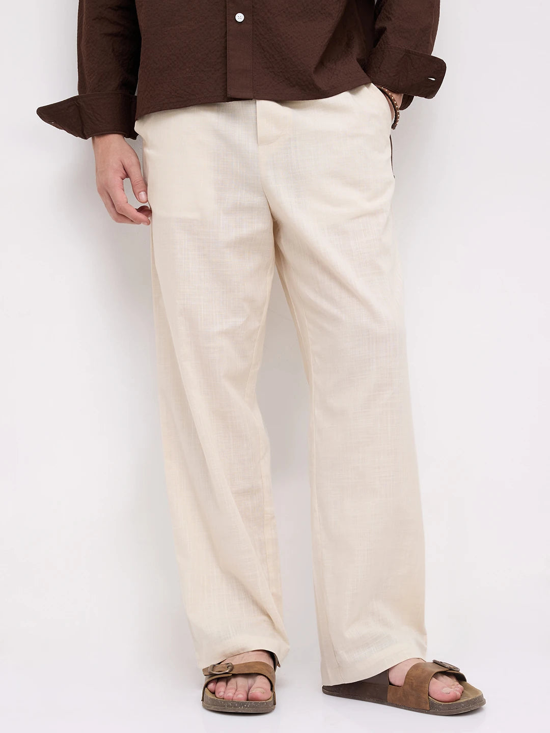 Bisque Beige Sheer Slub Textured Straight Fit Trousers