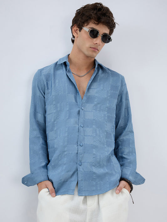 Teal Blue Block Checks Motif Embossed Textured Shirt