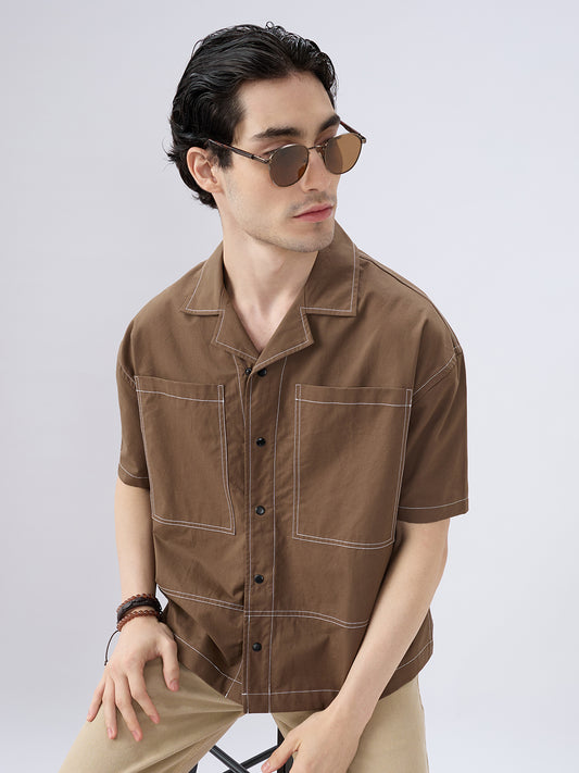 Rustic Cocoa Twin Pocket Oversized Crop Shirt