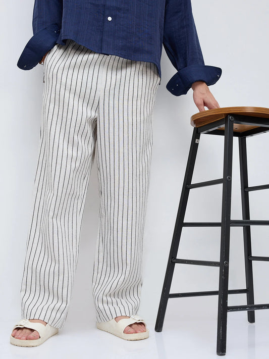 Artistic Ivory & Black Burlap Striped Straight Fit Trousers