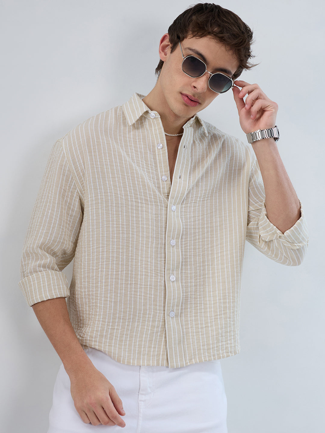 Beige Vertical Striped Crinkled Boxy Fit Crop Shirt