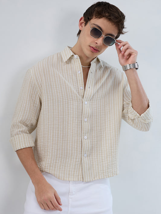 Beige Vertical Striped Crinkled Boxy Fit Crop Shirt