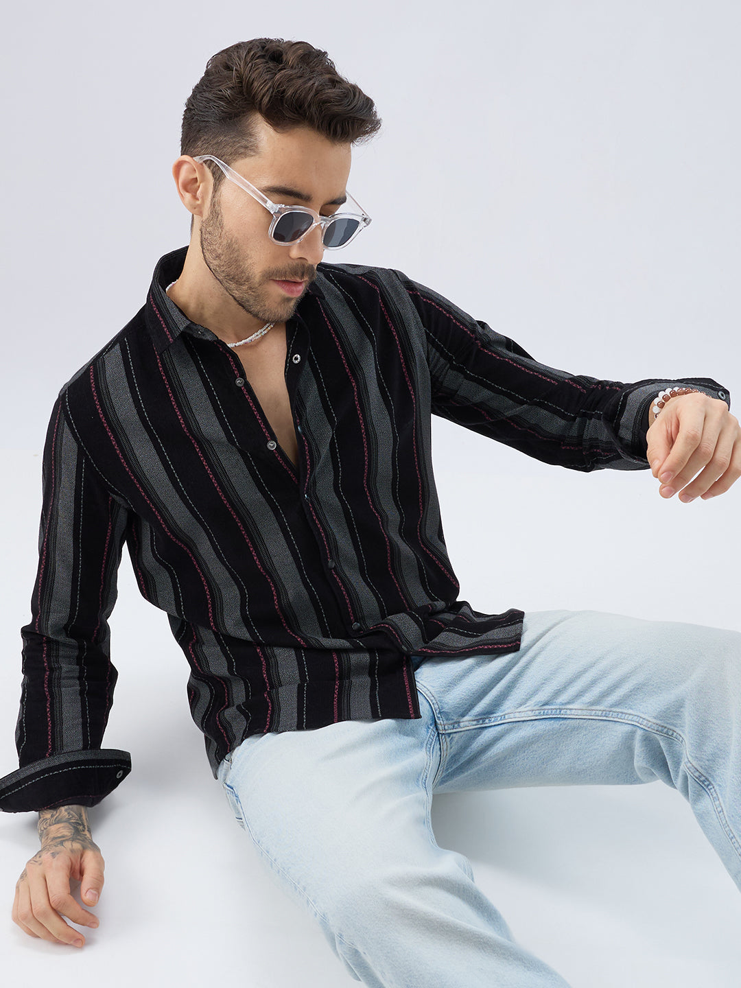 Onyx Black Red Embellished Corduroy Striped Shirt