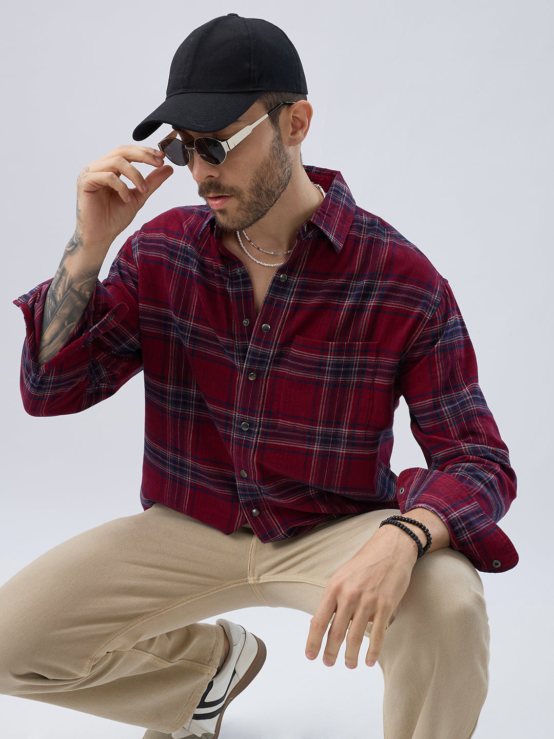 Blood Red Tartan Checks Boxy Fit Flannel Crop Shirt