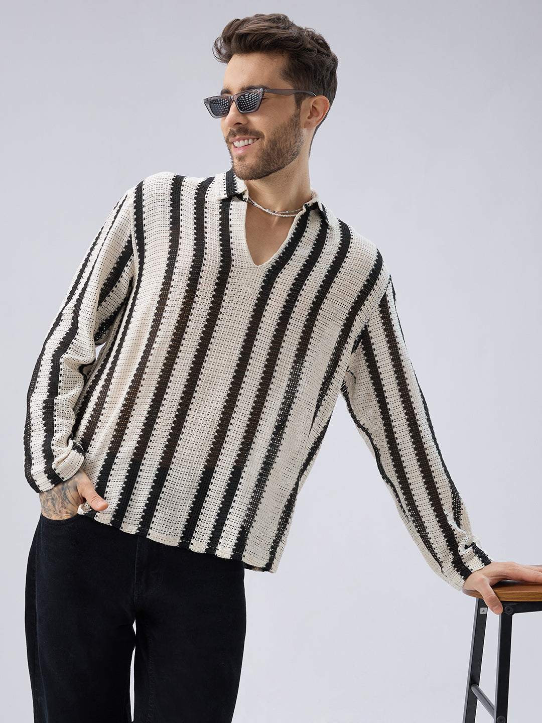 Vintage Mood Monochrome Crochet Striped Oversized Polo Shirt