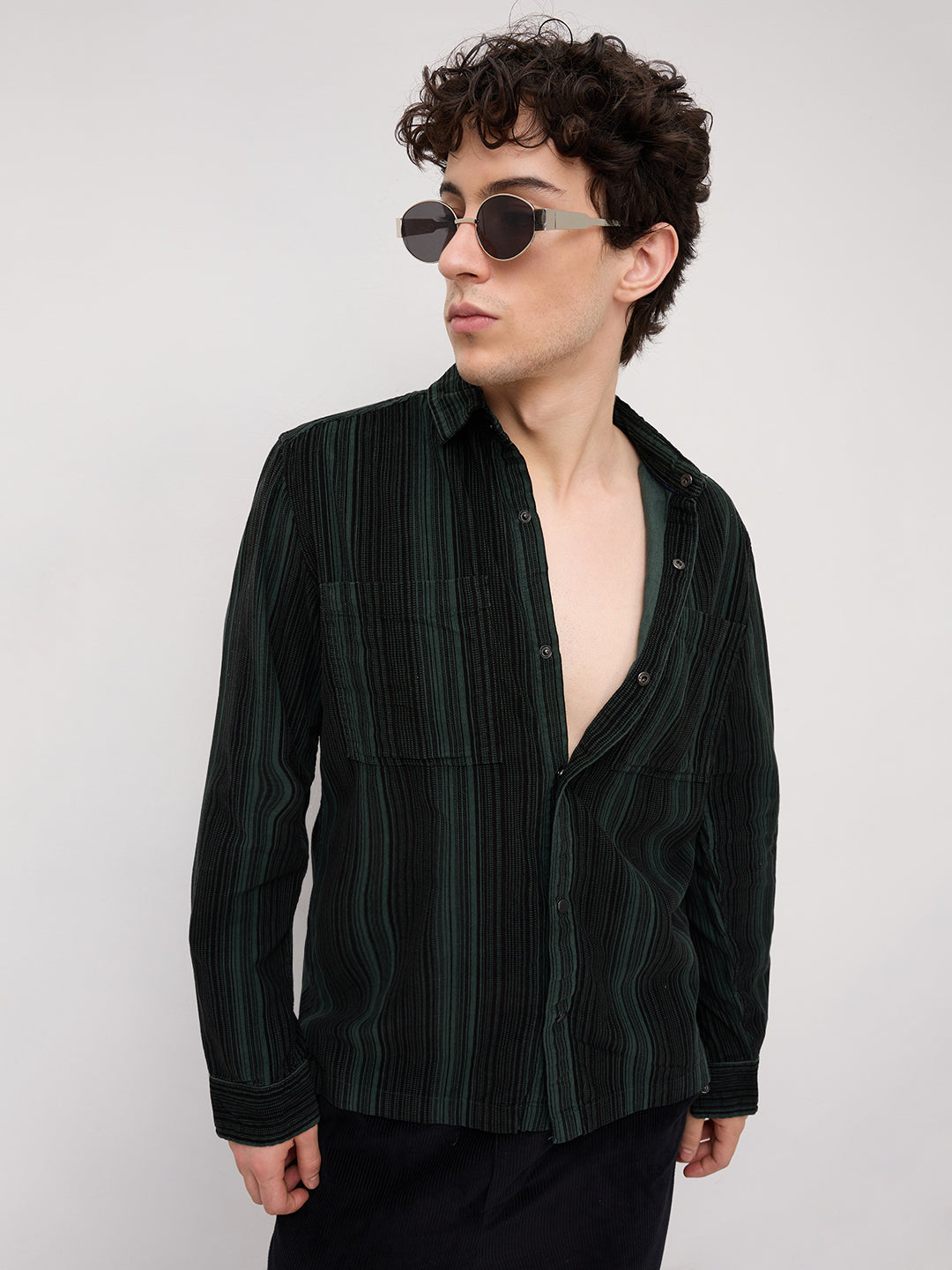 Dark Green Striped Double Pocket Corduroy Shirt