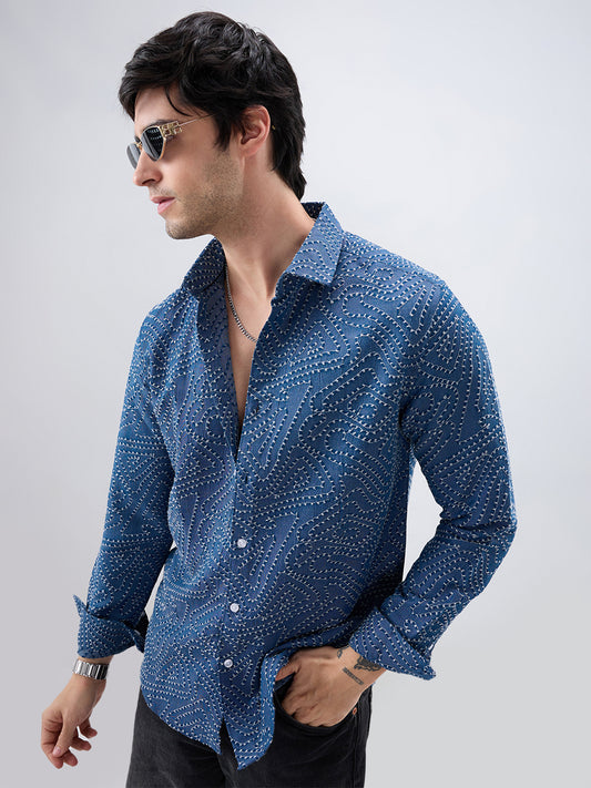 Ornate Navy Ornamental Raised Stitch Shirt