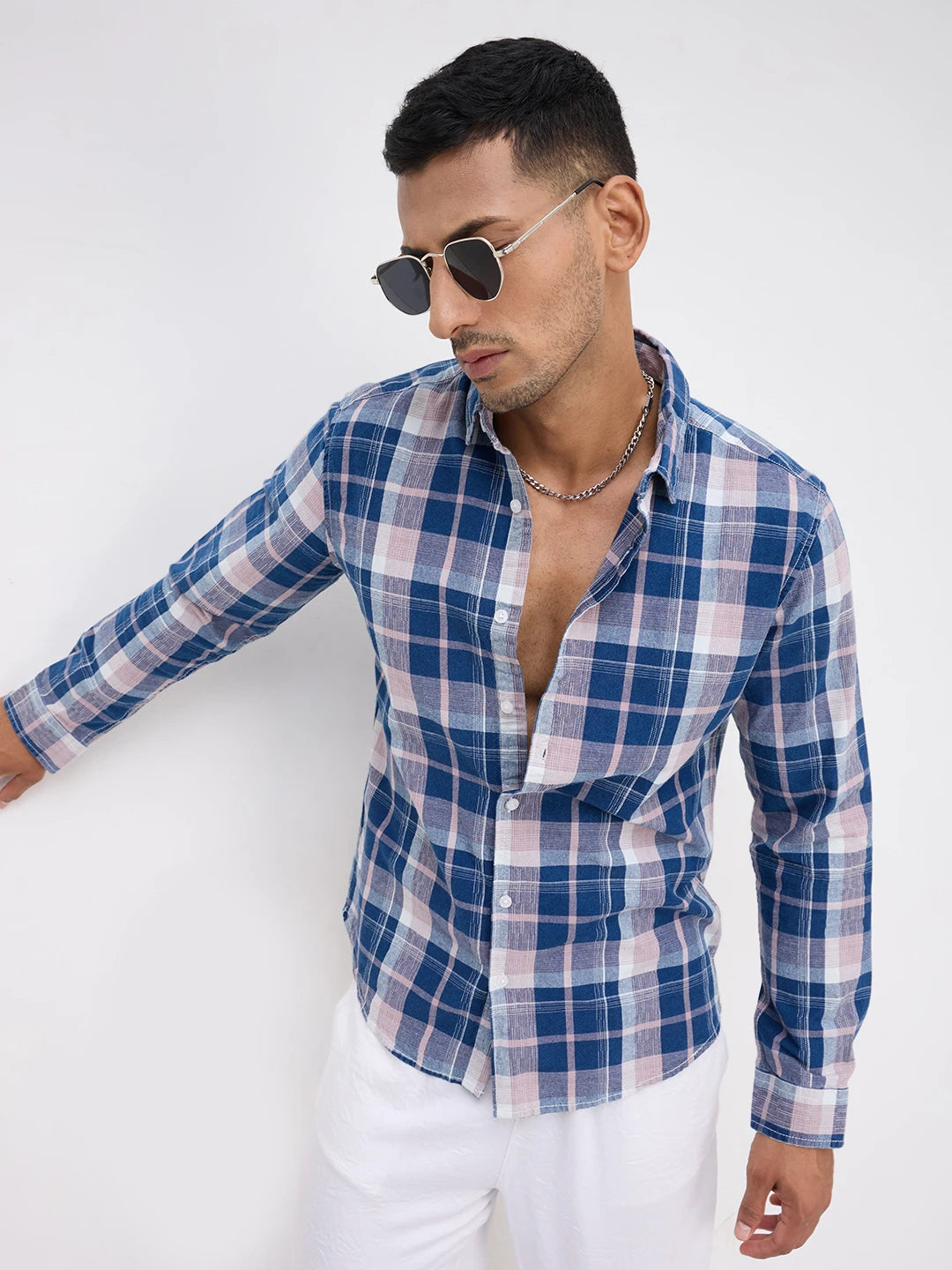 Denim Blue & Peach Multi Line Block Checks Shirt