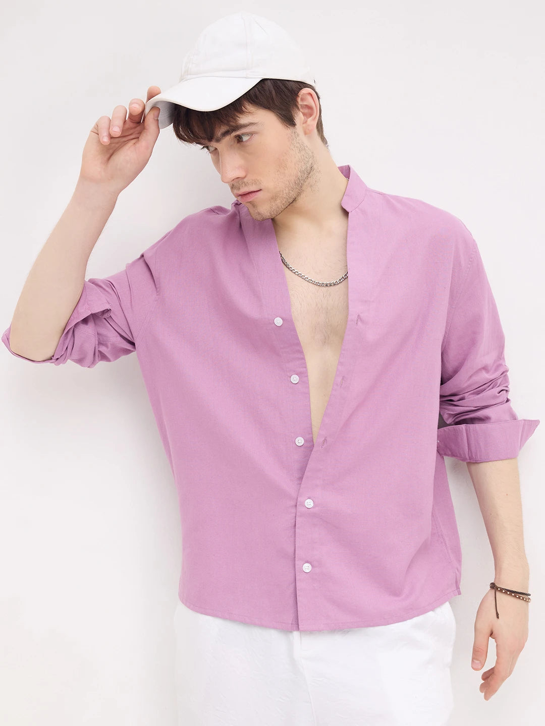 Rich Lilac Linen Blend Stand Collar Oversized Shirt