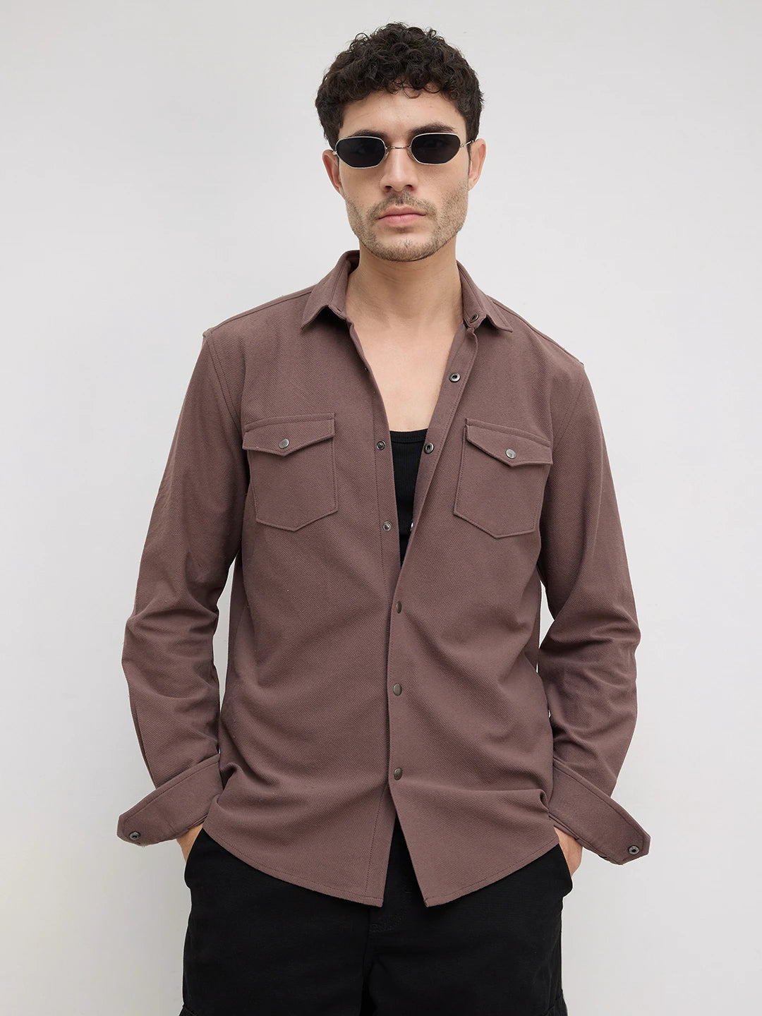 Dusty Brown Twin Flap Pocket Knitted Overshirt