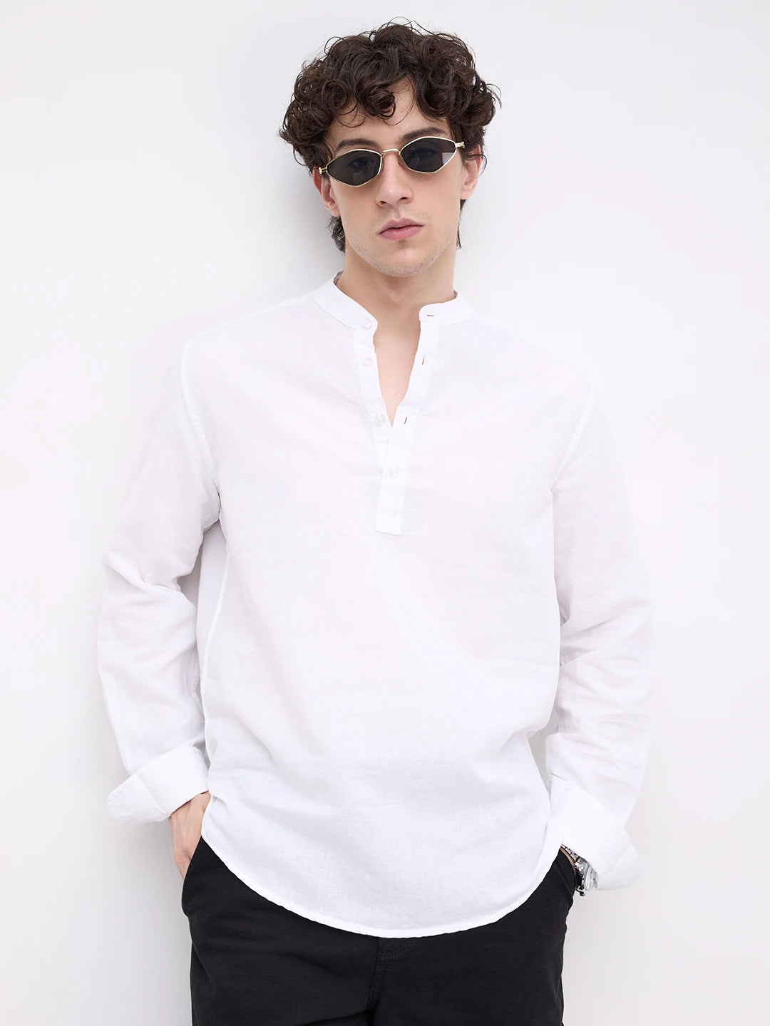 Pearl White Slub Textured Linen Blend Kurta