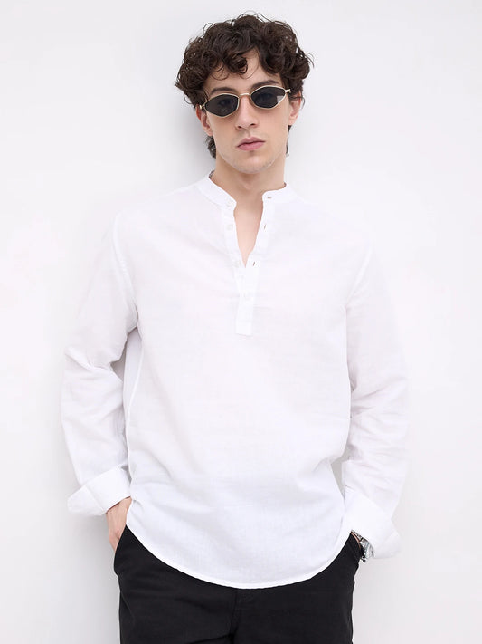 Pearl White Slub Textured Linen Blend Kurta