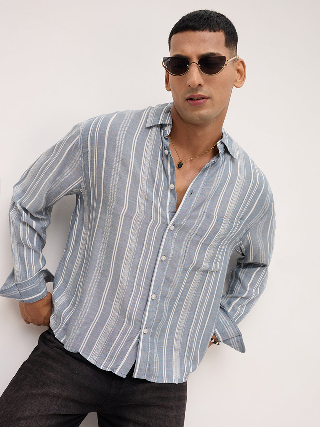 Plushy Grey Stripes Boxy Fit Crop Shirt