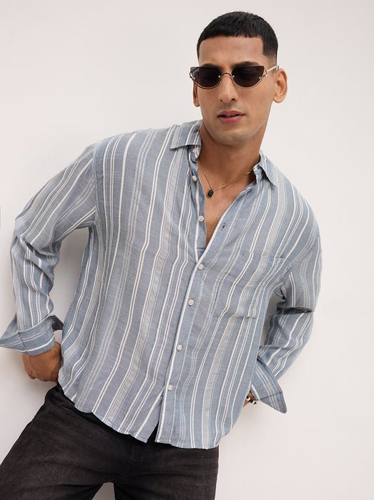 Plushy Grey Stripes Boxy Fit Crop Shirt