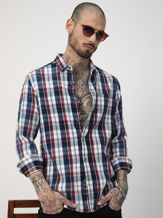 Denim Red & Navy Plaid Checks Shirt