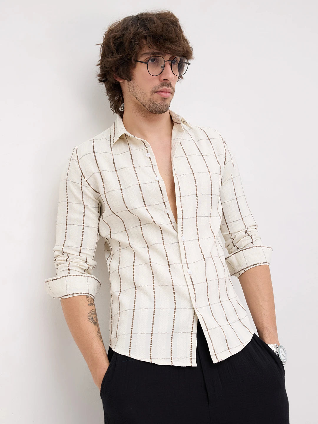 Artisan Cream & Brown Chain Embroidered Square Checks Shirt