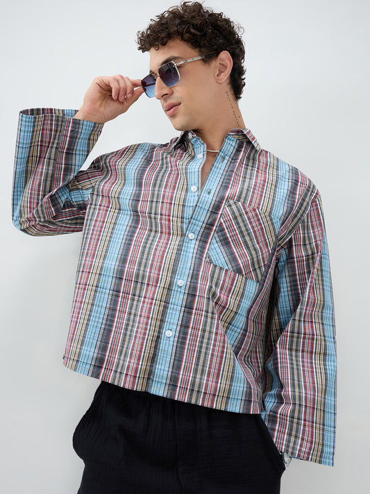 Multi Stripe Fusion Checks Cuffless Oversized Crop Shirt