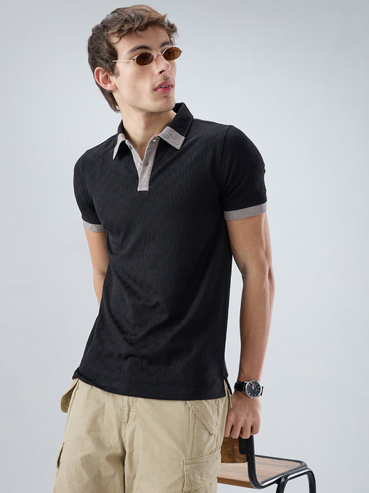 Rich Black Textured Contrast Polo Neck Knit T-shirt