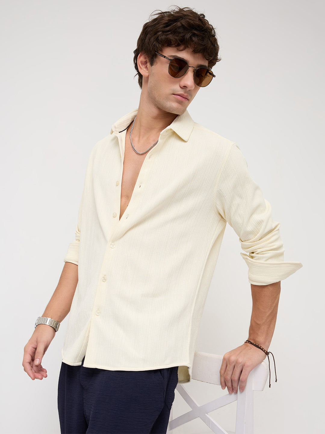 Cream Matrix Weave Knitted Shirt