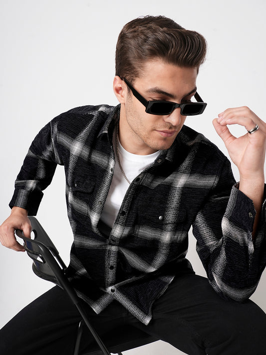 Black & White Broad Checks Double Flap Pocket Corduroy Shirt