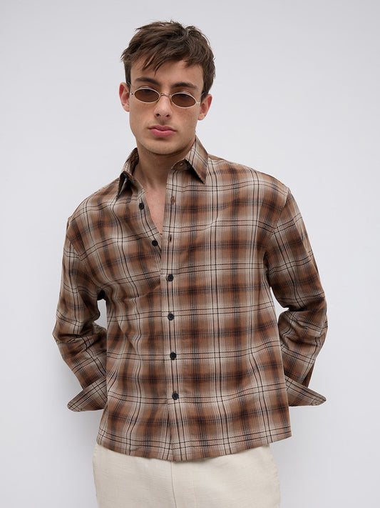 Cocoa Haze Gradient Plaid Classic Boxy Fit Crop Shirt