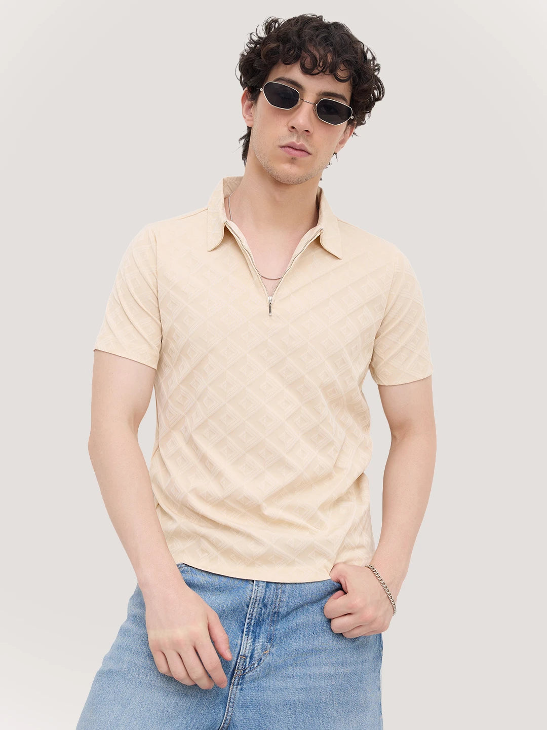 Cream Diamond Embossed Zip Polo Tee