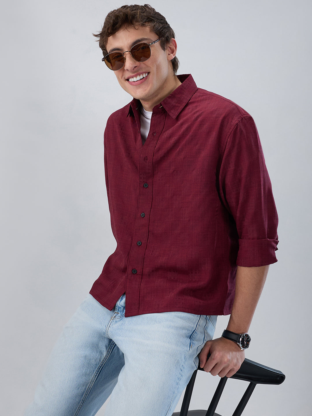 Crimson Maroon Soft Grid Textured Boxy Fit Crop Shirt