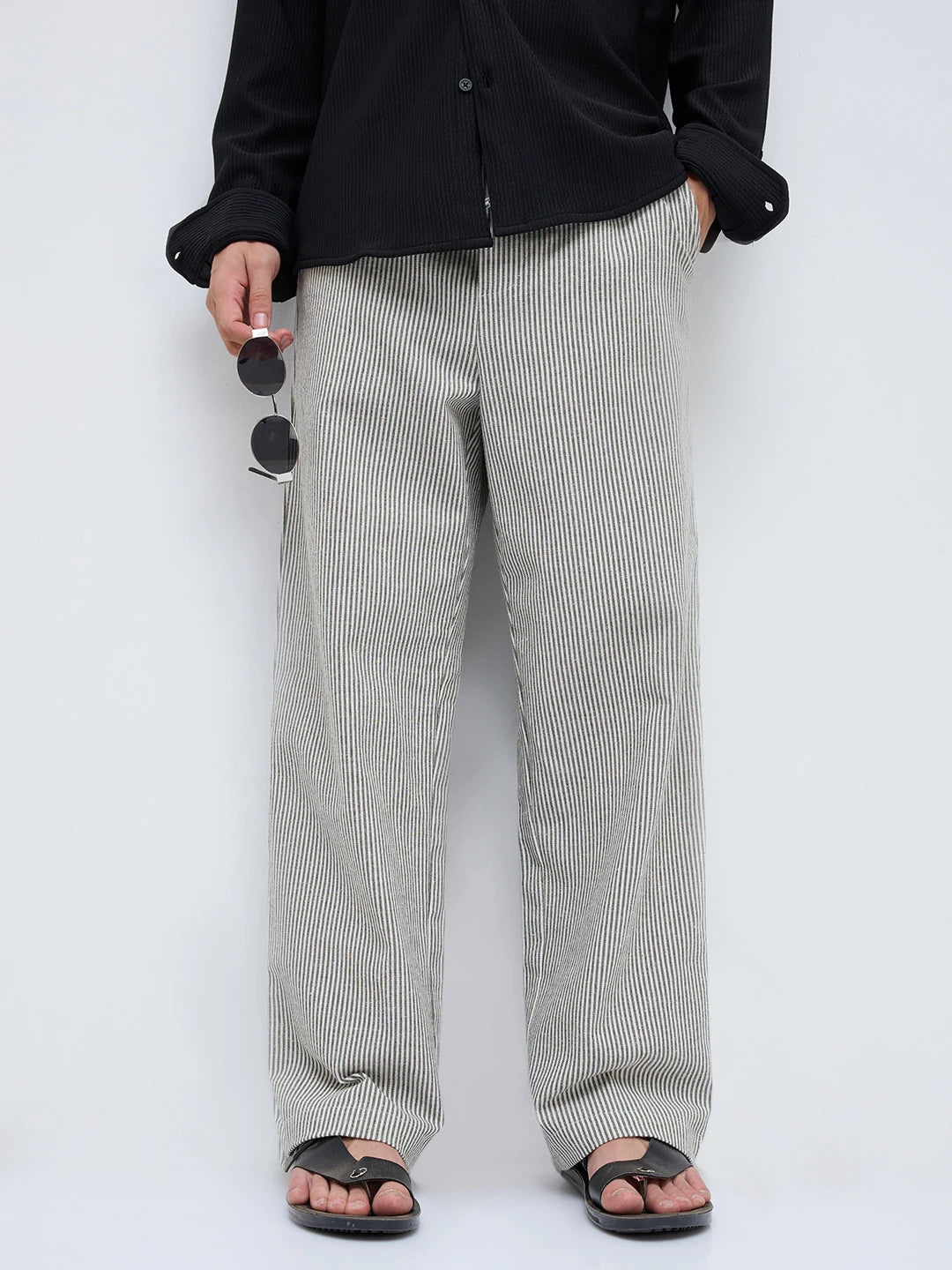 Olive & Off-White Candy Striped Straight Fit Trousers