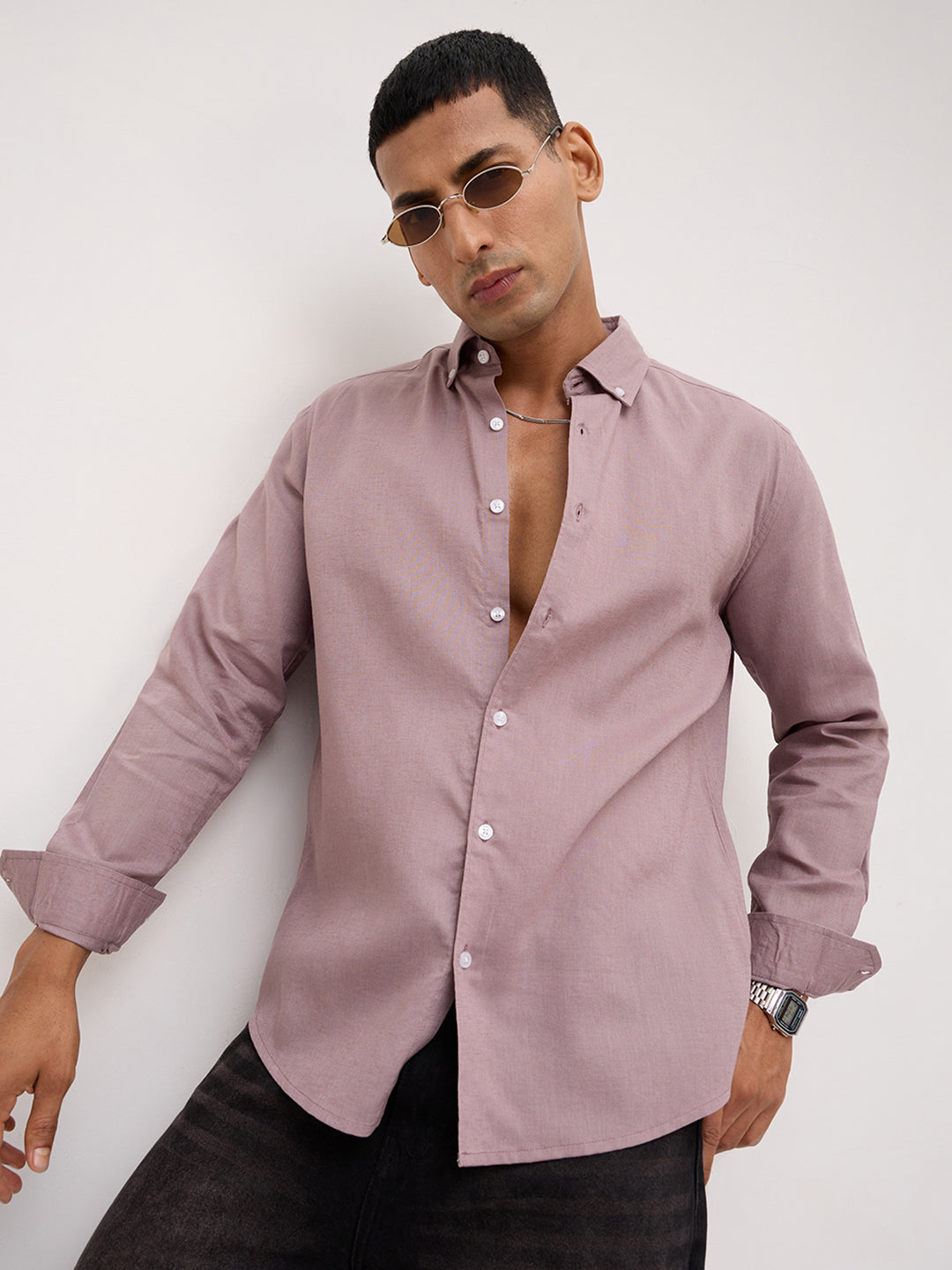 Luxe French Lilac Button-Down Collar Linen Blend Shirt