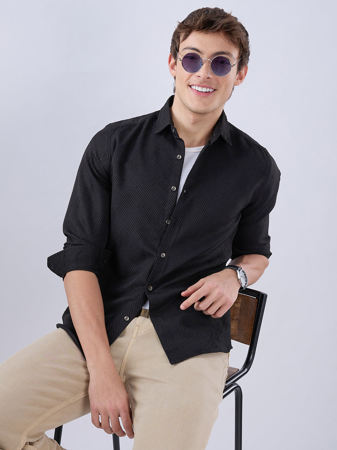 Sable Black Diagonal Textured Statement Shirt