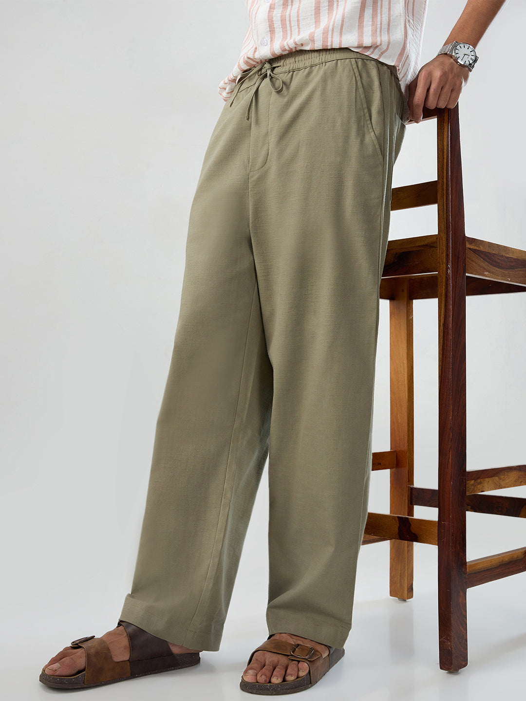 Olive Subtle HerrigboneTextured Straight-Fit Trousers