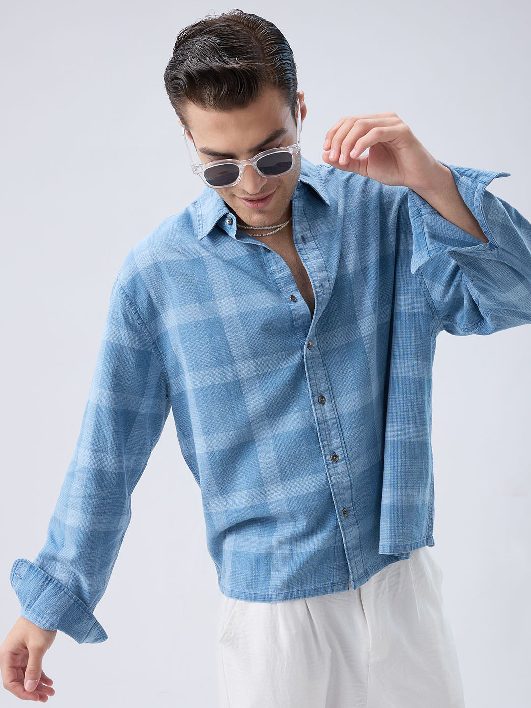 Arctic Mist Denim Shadow Checks Boxy Fit Crop Shirt