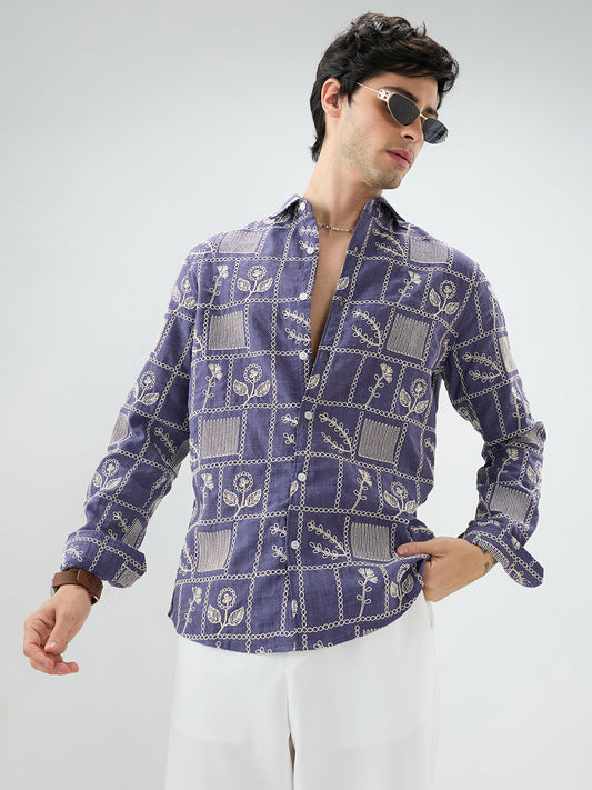 Indigo Frame Floral Contrast Embroidered Shirt