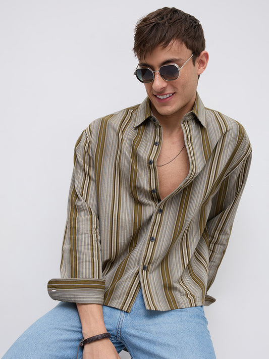 Khaki Multi Stripe Flow Boxy Fir Crop Shirt