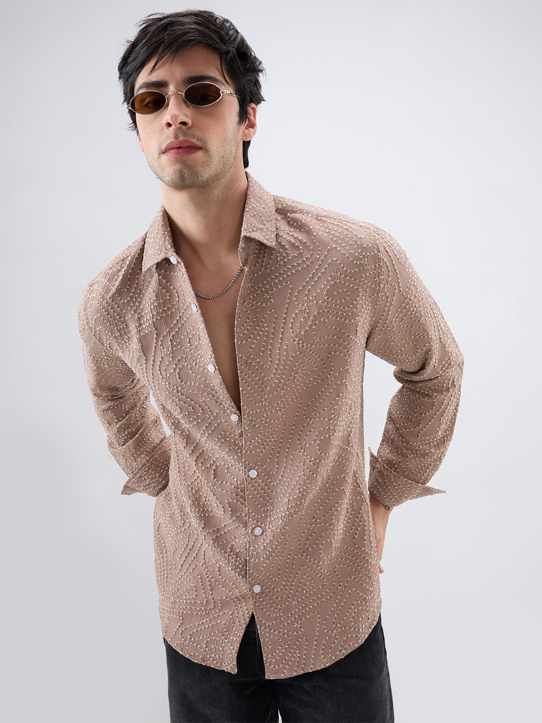 Intricate Dessert Brown Thread Flow Raised Stitch Shirt