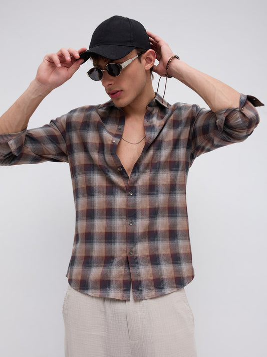 Elegant Smoked Brown Block Checks Everyday Shirt