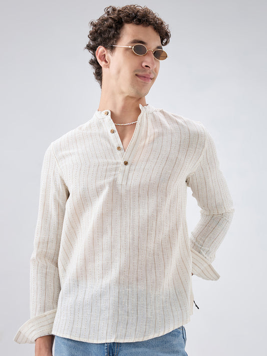 White & Beige Burlap Weaved Striped Kurta