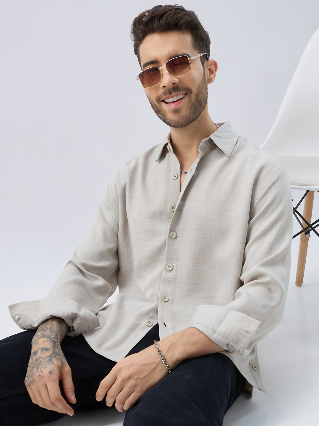 Cloud Grey Slub Textured Side-Slit Button Oversized Crop Shirt