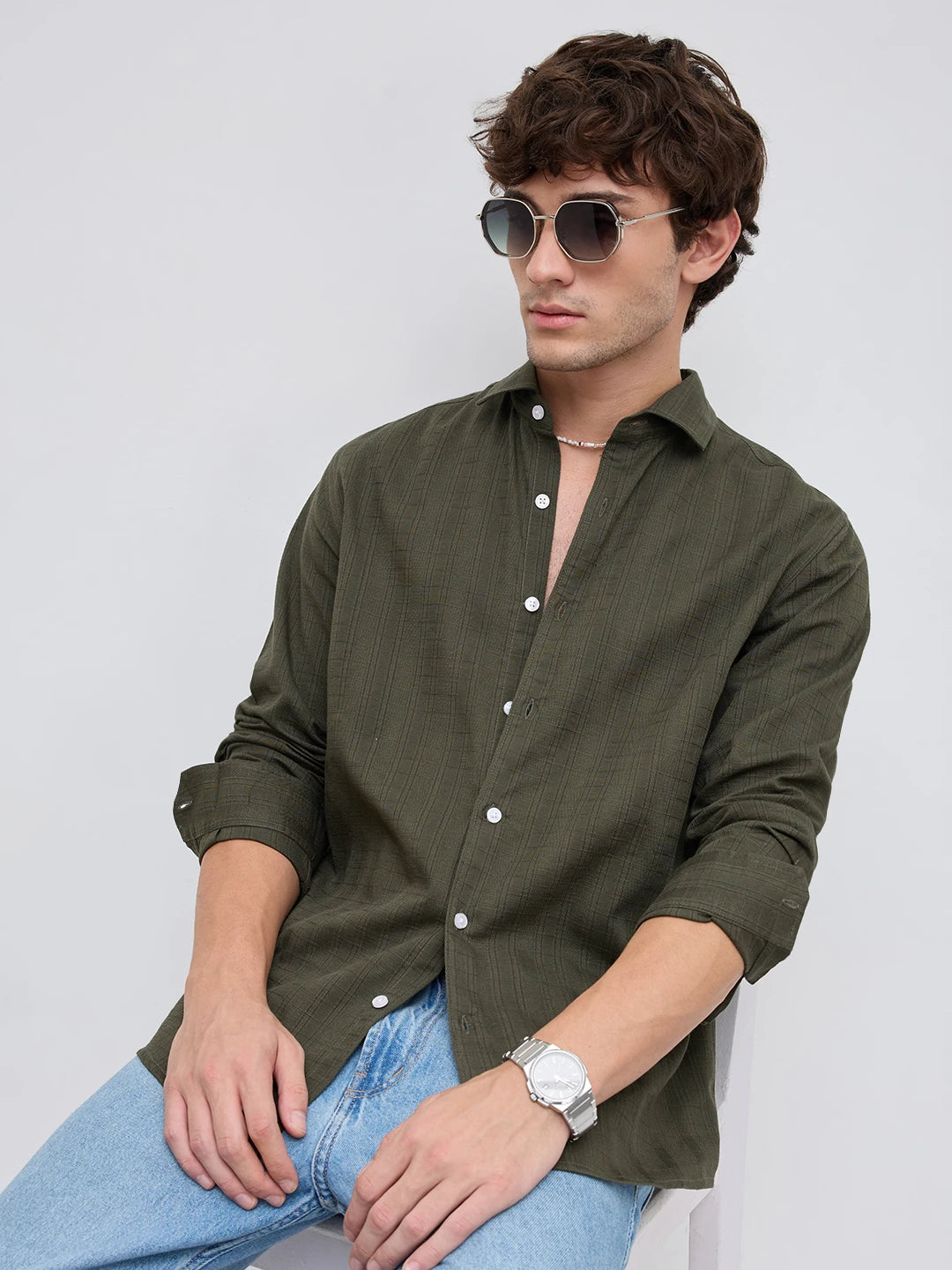 Deep Olive Elevated Grid Detail Checks Shirt