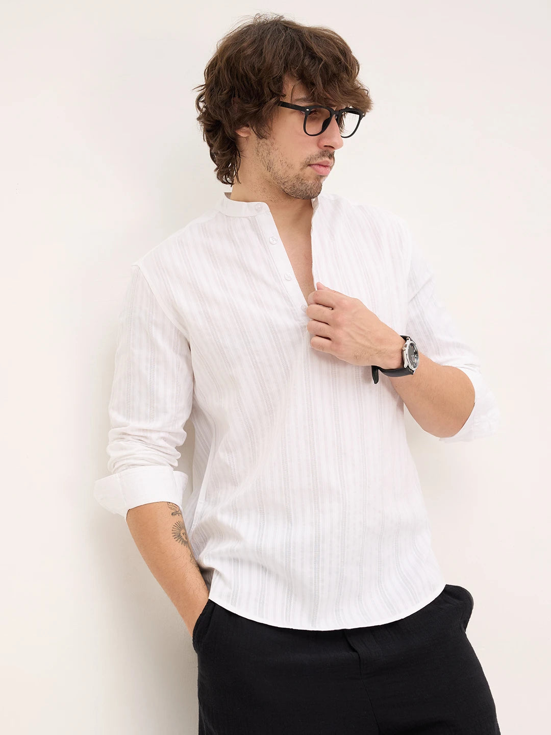 Frost White Diamond Striped Weave Kurta