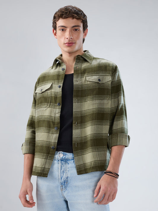 Forest Olive Grid Double Pocket Flannel Shirt