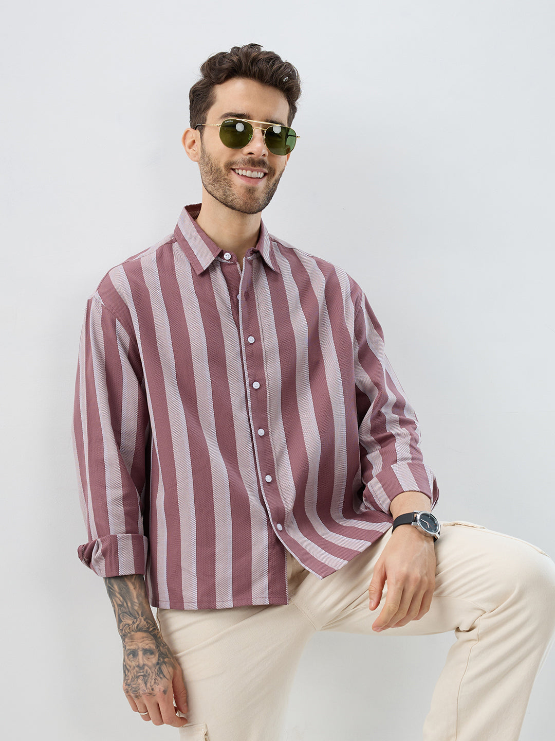 Raspberry Glace Pink Bold Striped Boxy Fit Crop Shirt