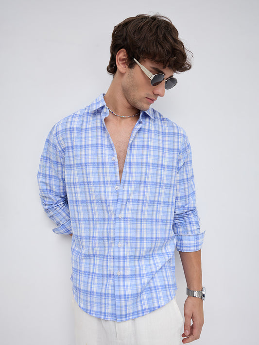 Classic Blue & White Balanced Seersucker Checks Shirt