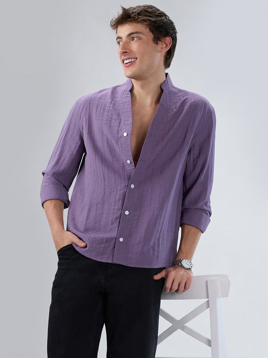 Chinese Violet Crinkled Stand Collar Oversized Shirt