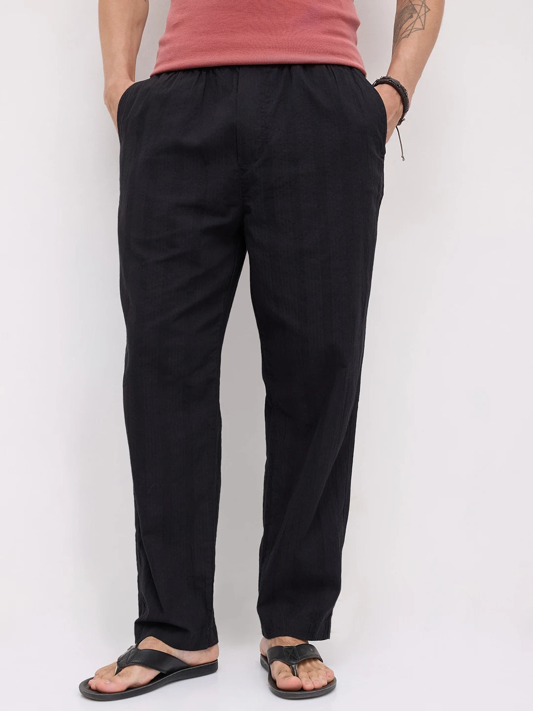 Minimal Black Seersucker Tapered Trousers