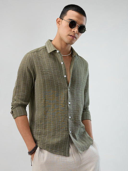 Olive Striped Crinkled Shirt