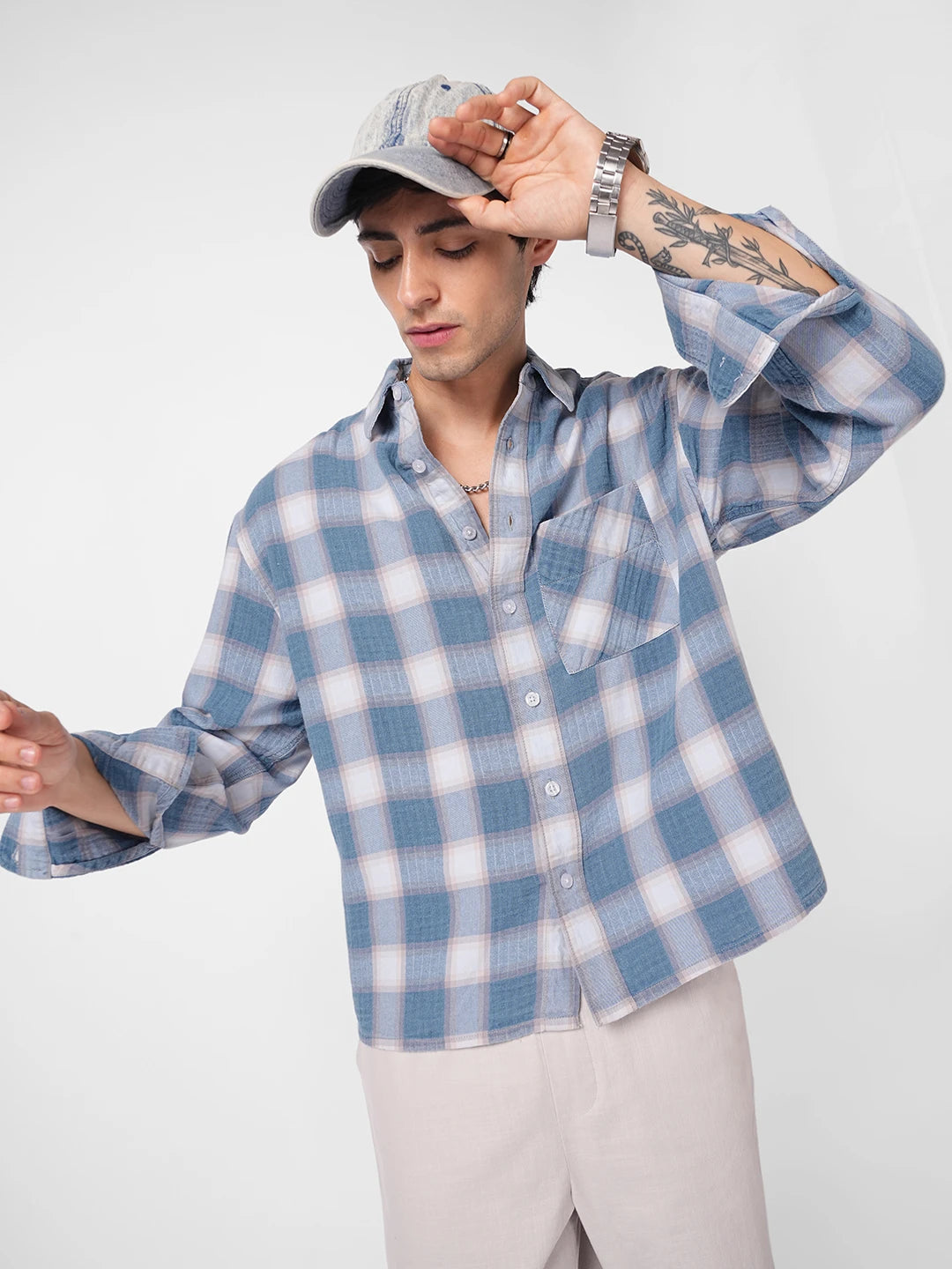 Denim Blue Block Checks Boxy Fit Crop Shirt